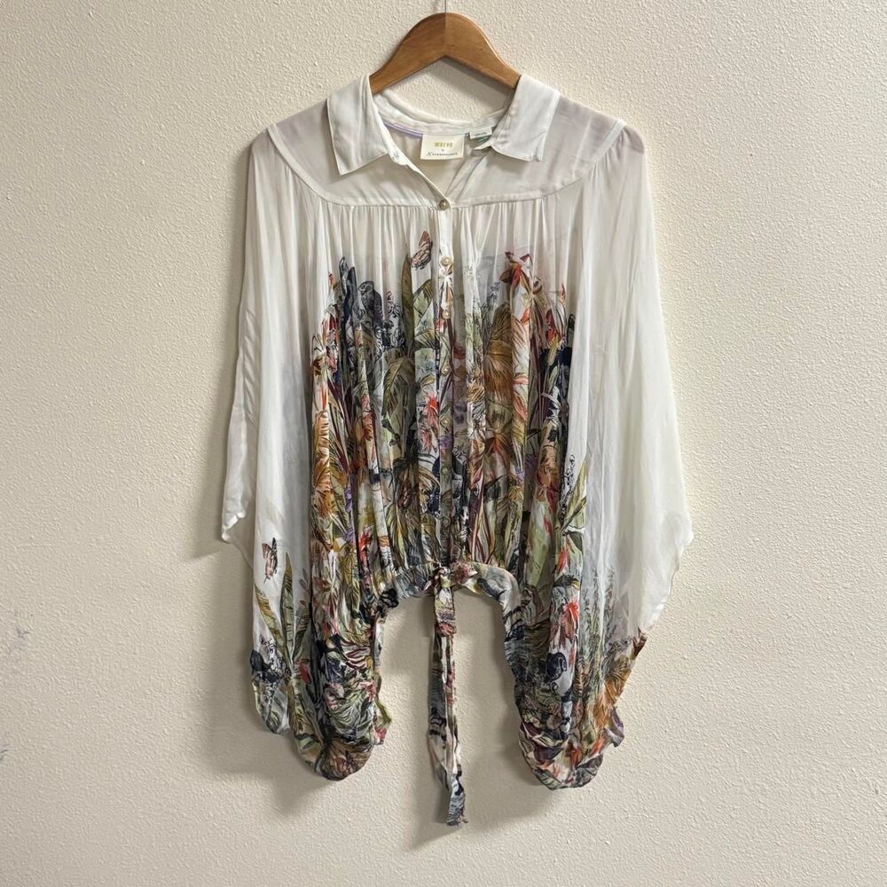 Maeve Anthropologie 2X Tropical Bird Floral Dolman Tie Front Blouse